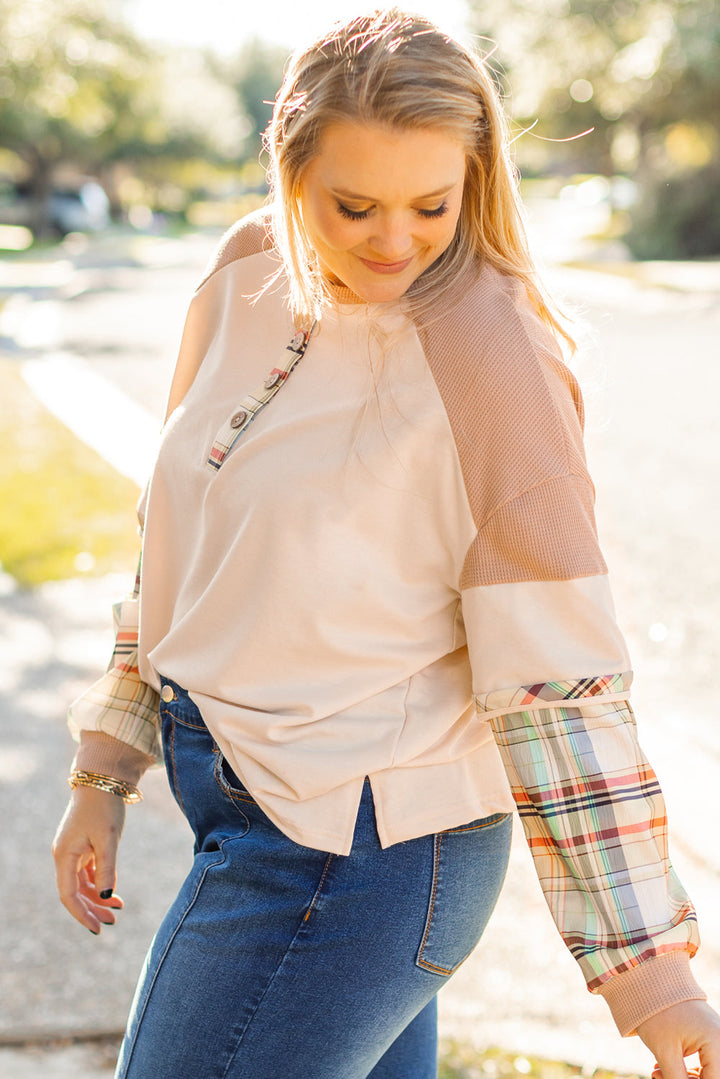 Plus Size Plaid Patchwork Layered Henley Top