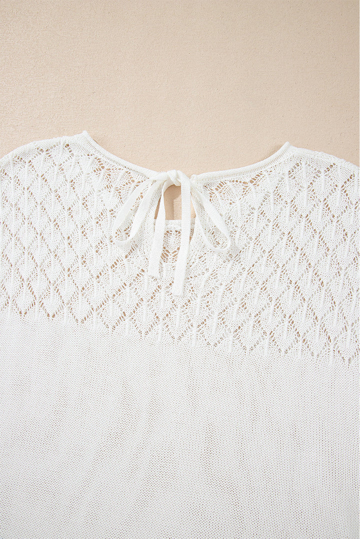 Eyelet Knit Tied Back Short Sleeve Sweater