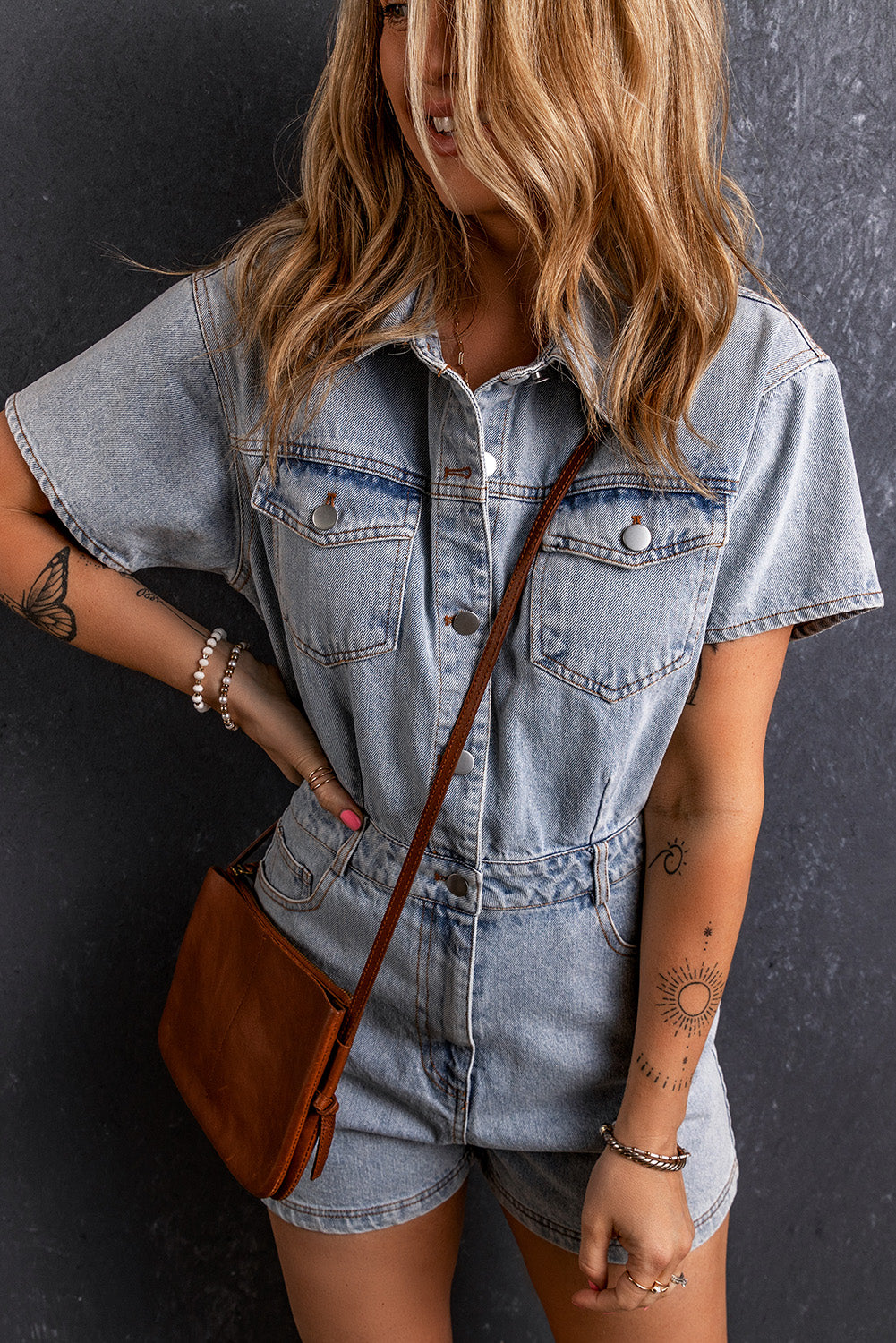 Vintage Washed Buttons Pocketed Denim Romper