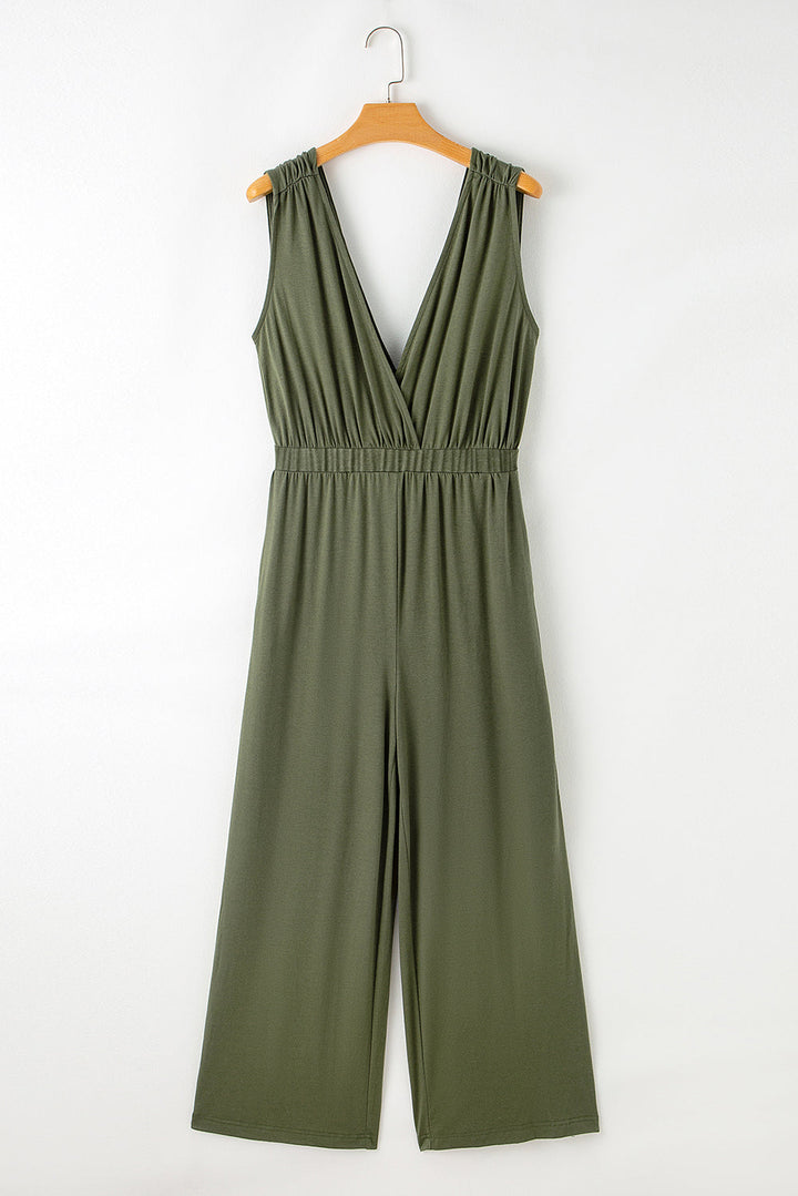 Deep V Pleated Crisscross Wide Leg Backless Jumpsuit