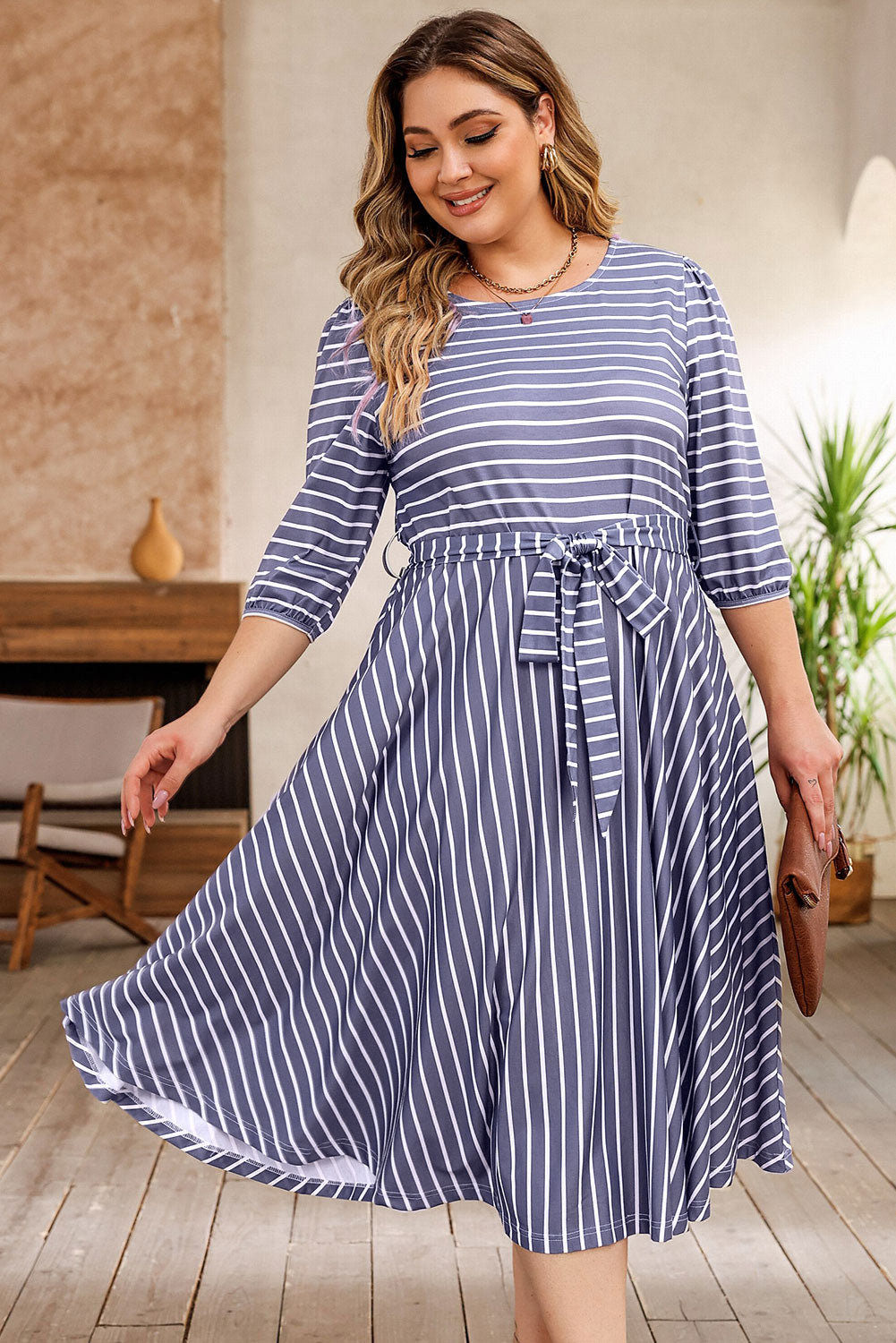 Striped Tie Waist 3/4 Sleeve Plus Size Dress