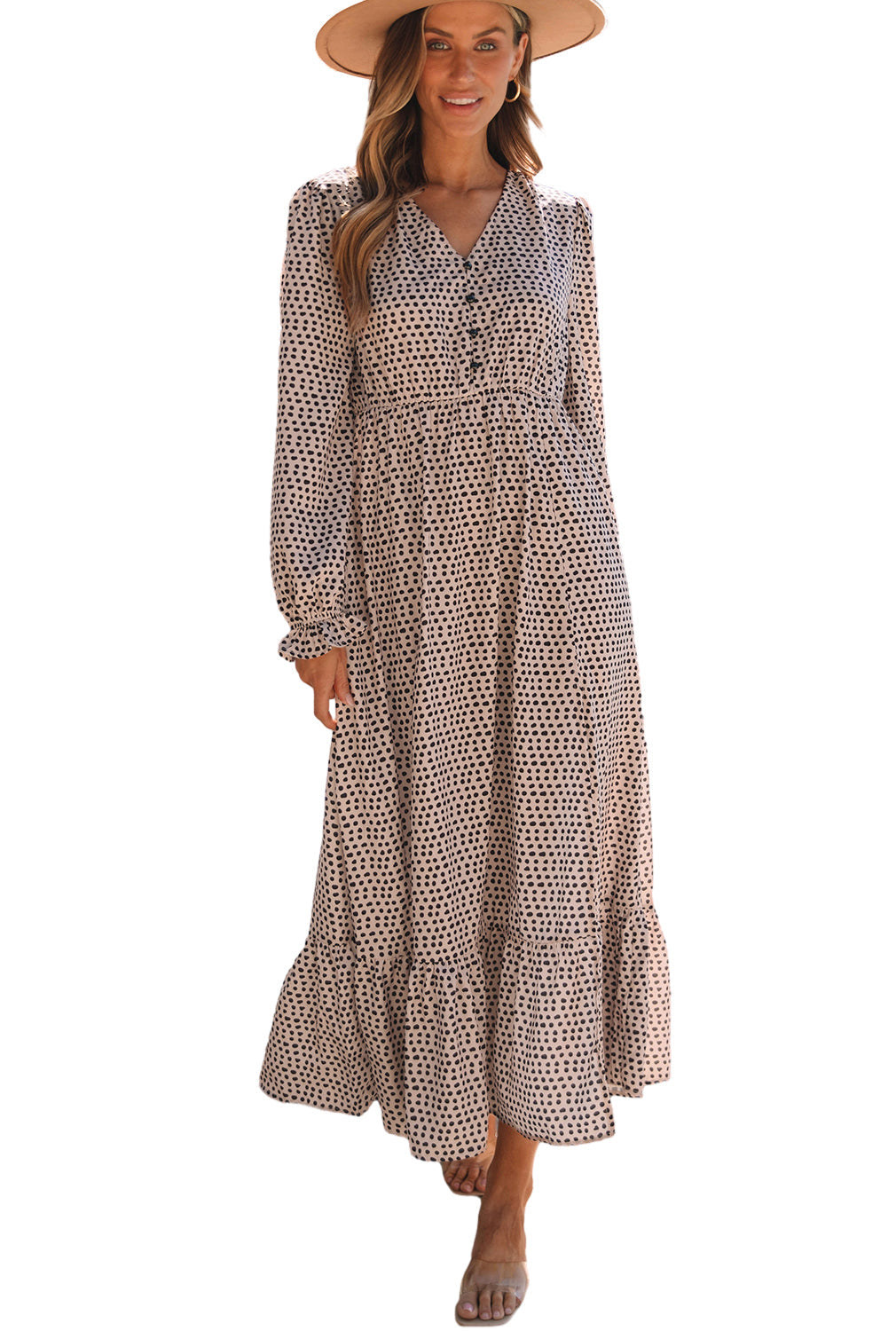 Dotty Print Button V Neck Long Sleeve Ruffled Dress