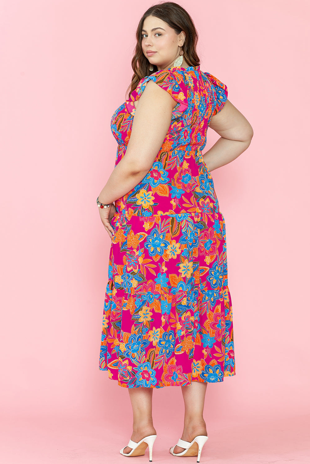 Floral Print Ruffled Sleeveless Plus Size Long Dress