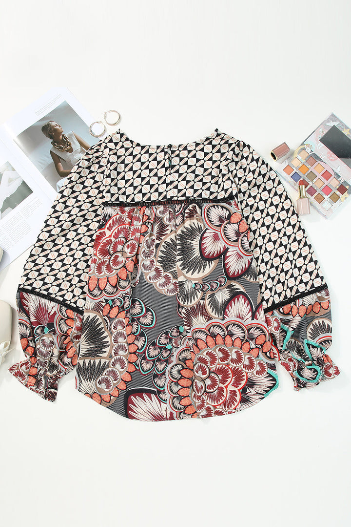 Mixed Floral Geometric Print Ruffled Long Sleeve Blouse