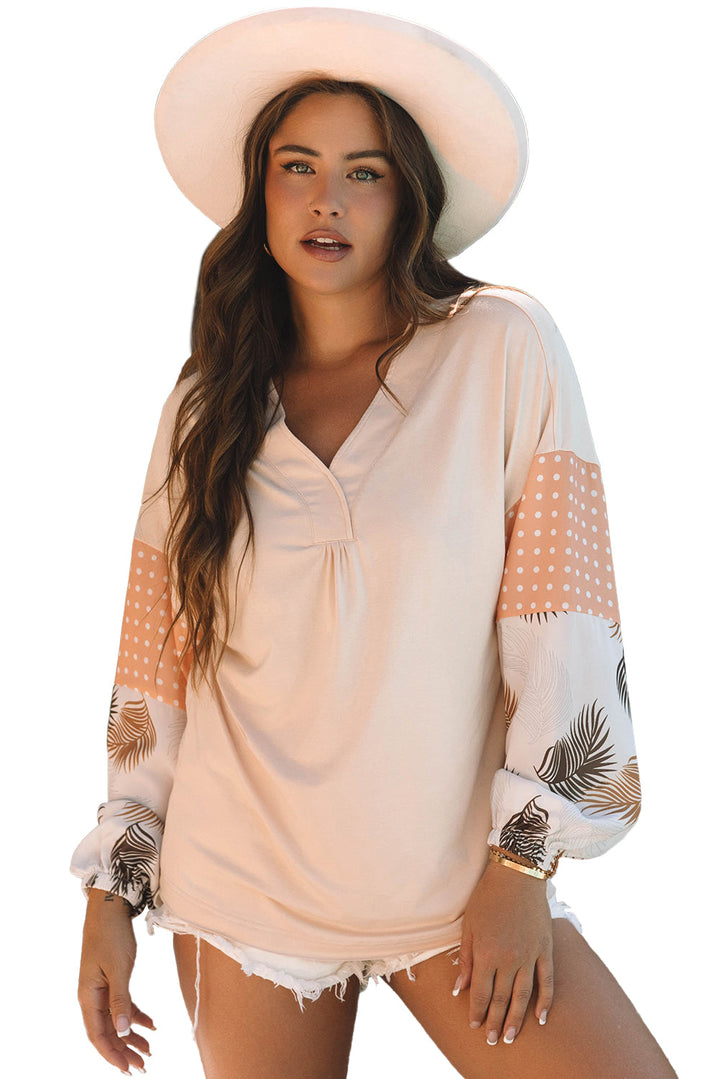 Palm Leaves Polka Dot Puff Sleeve Patchwork V Neck Loose Blouse