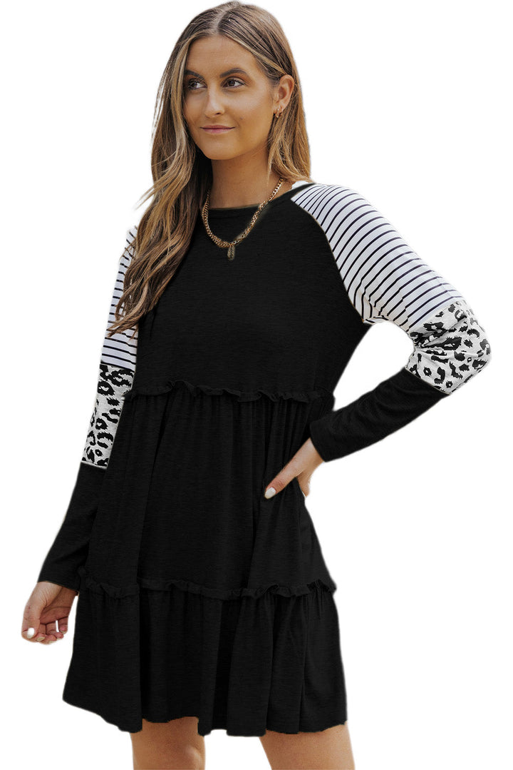 Striped Leopard Patchwork Long Sleeve Mini Dress