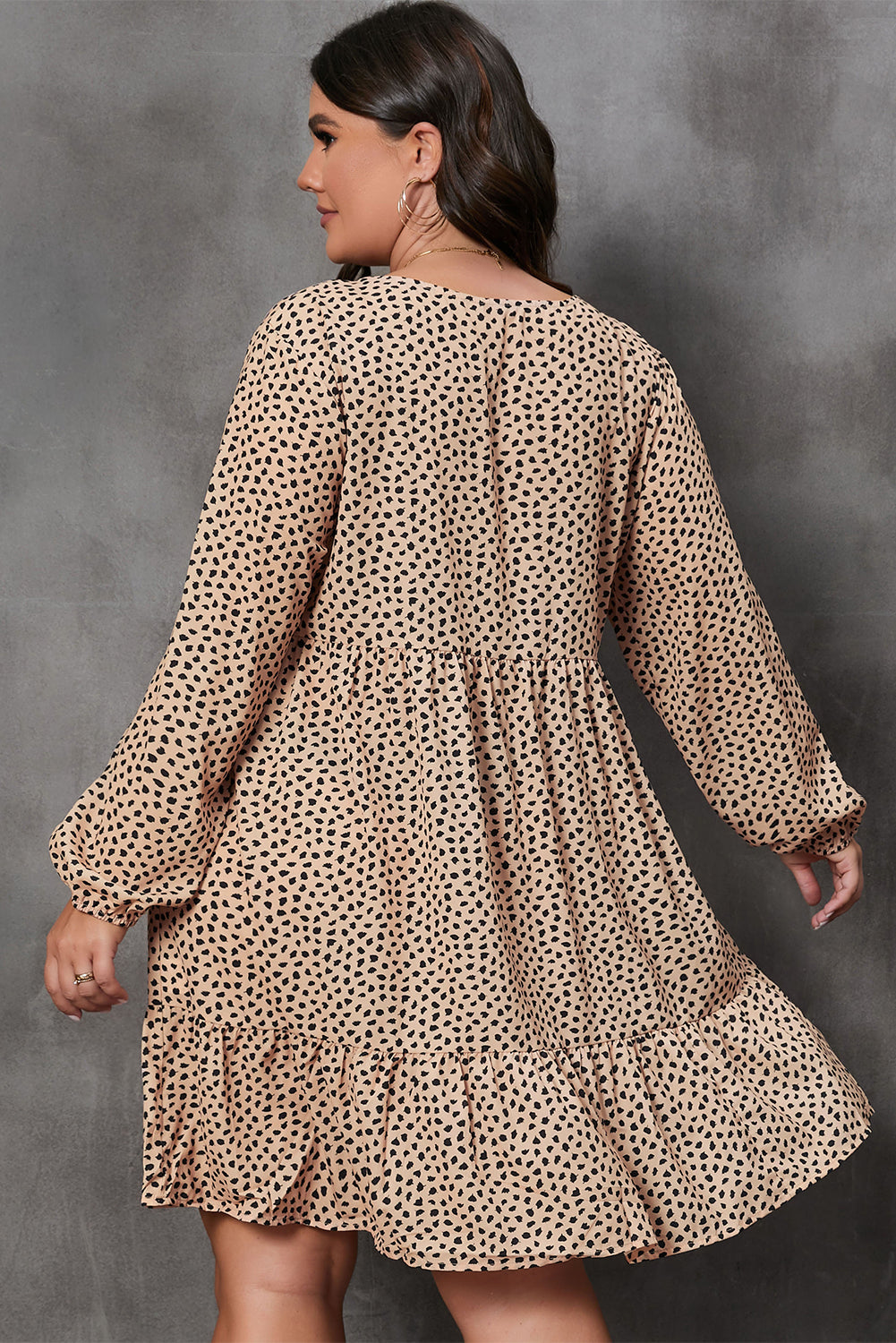 Leopard Spotted Print Tiered Long Sleeve Plus Size Dress