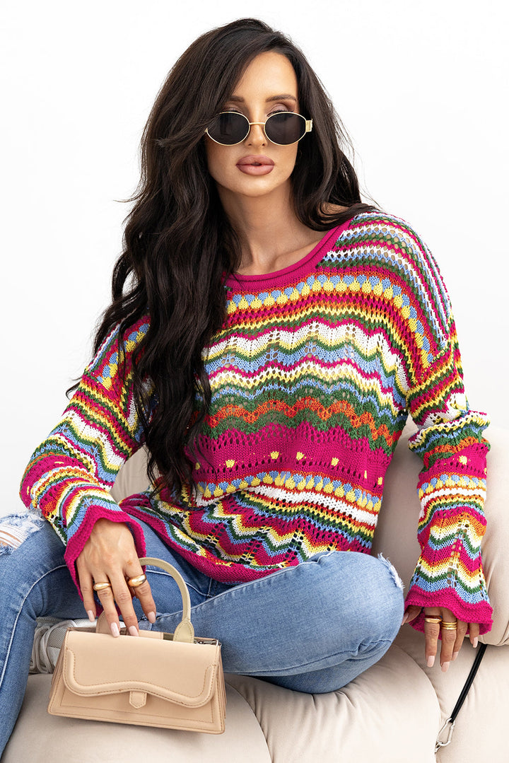 Colorblock Striped Hollowed Knit Loose Sleeve Sweater