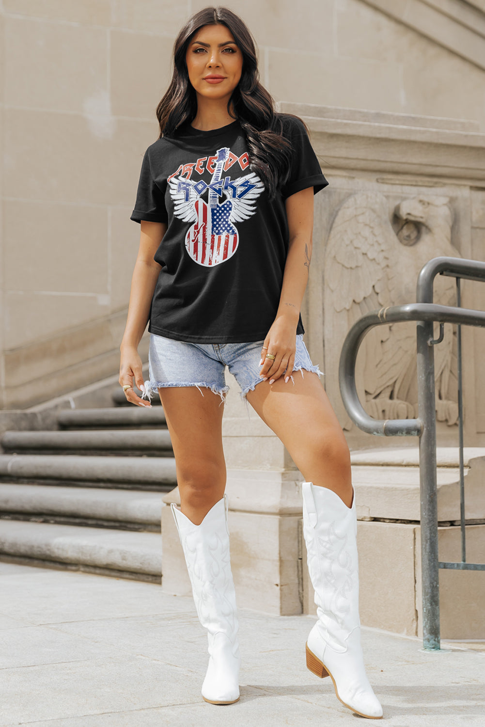 American Flag Guitar Print Crew Neck Tee