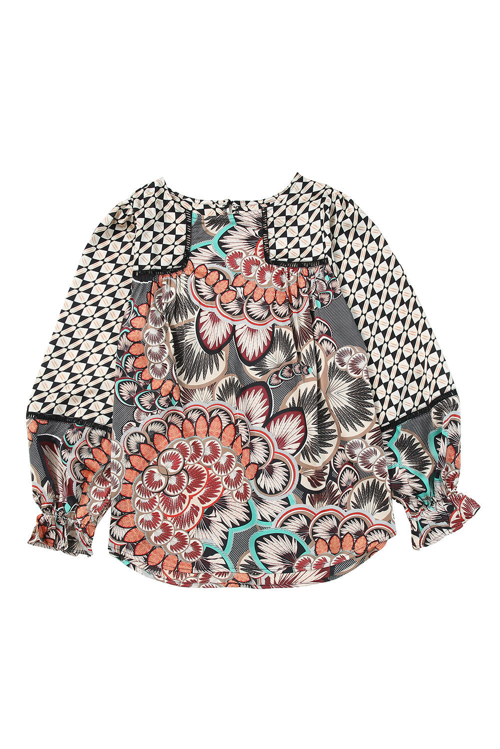 Mixed Floral Geometric Print Ruffled Long Sleeve Blouse