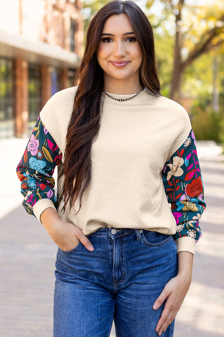 Contrast Floral Sleeve Textured Drop Shoulder Knit Top