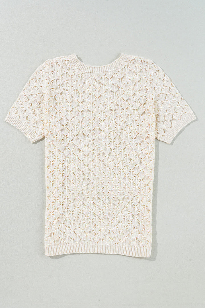 Hollow Out Crochet O Neck Short Sleeve Sweater Tee