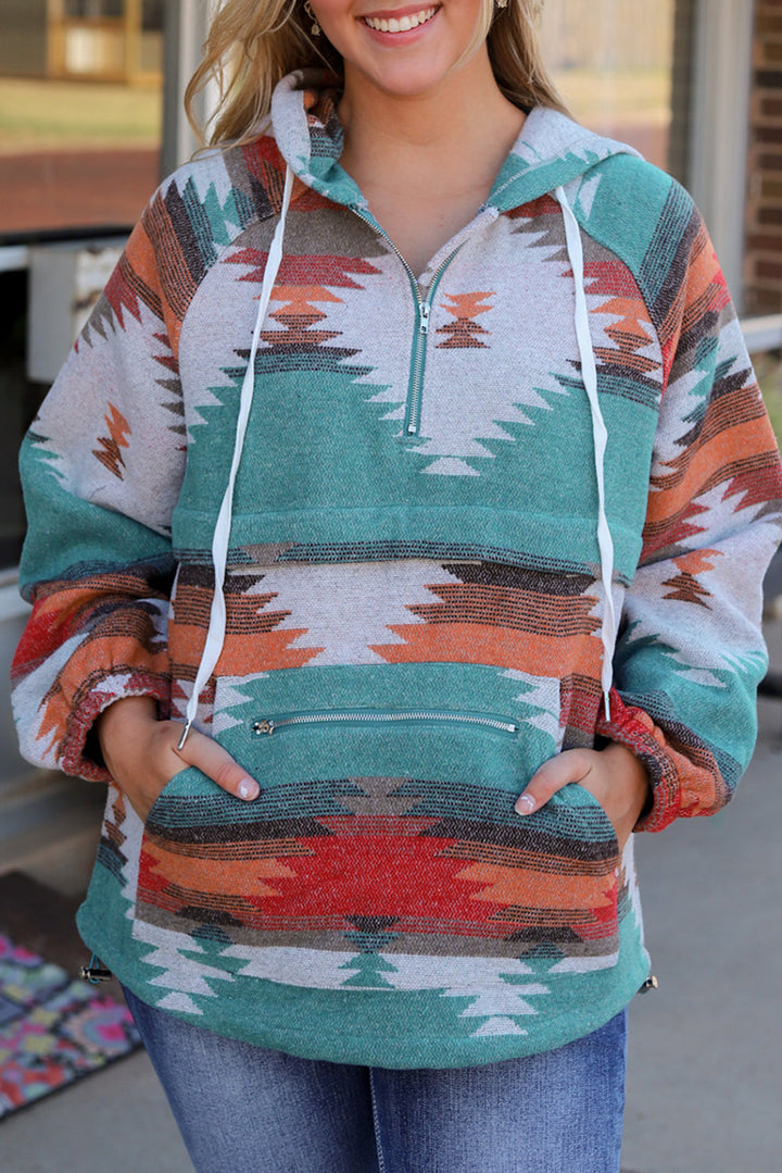 Aztec Print Zipped Split Neck Hoodie