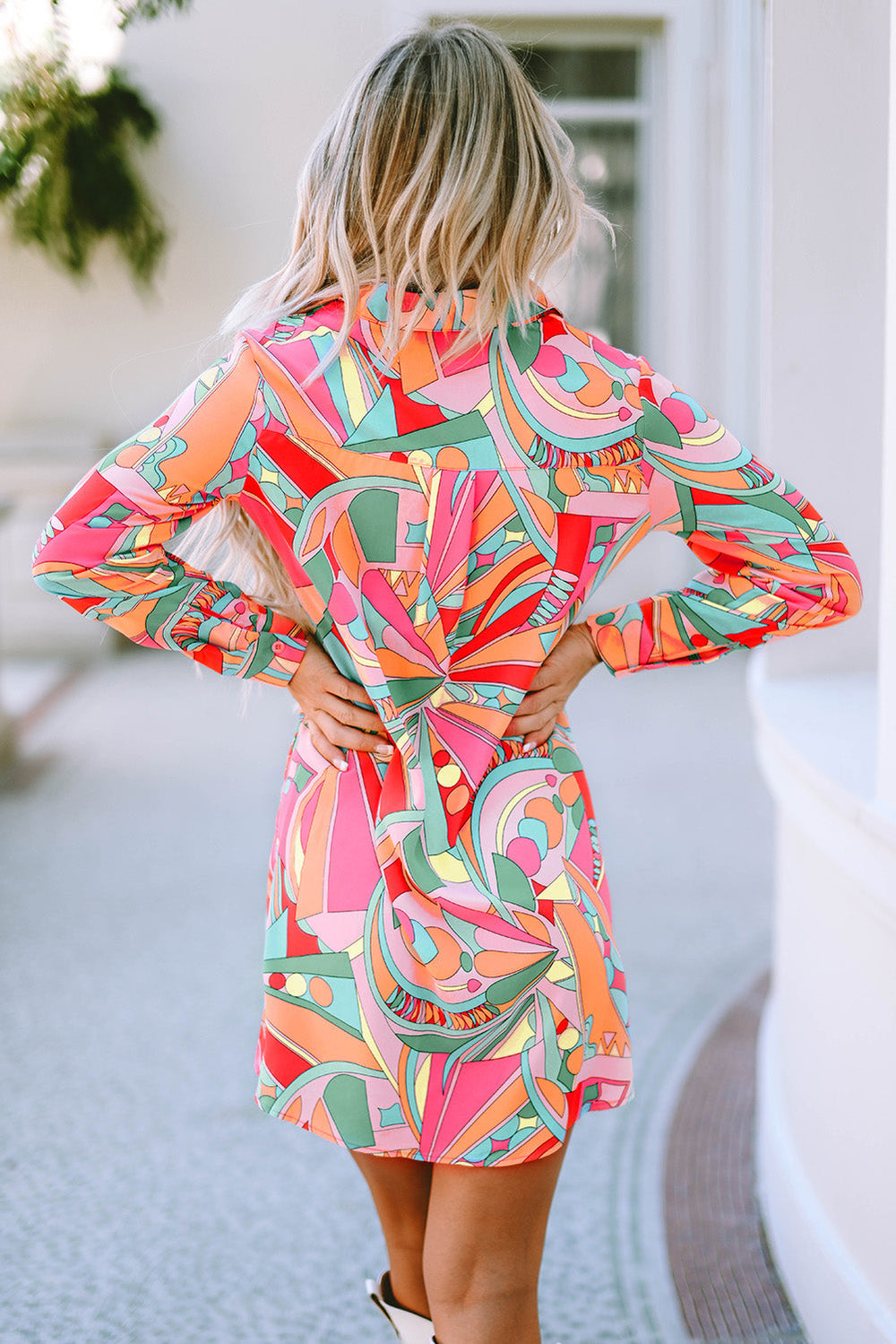 Geometric Abstract Print Long Sleeve Shirt Dress