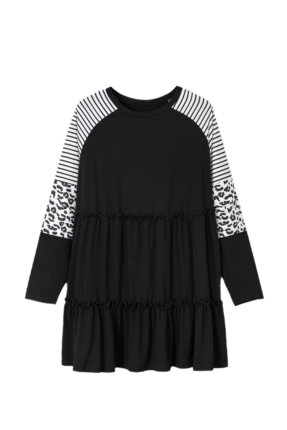 Plus Size Striped Leopard Patch Sleeve Ruffle Tiered Dress