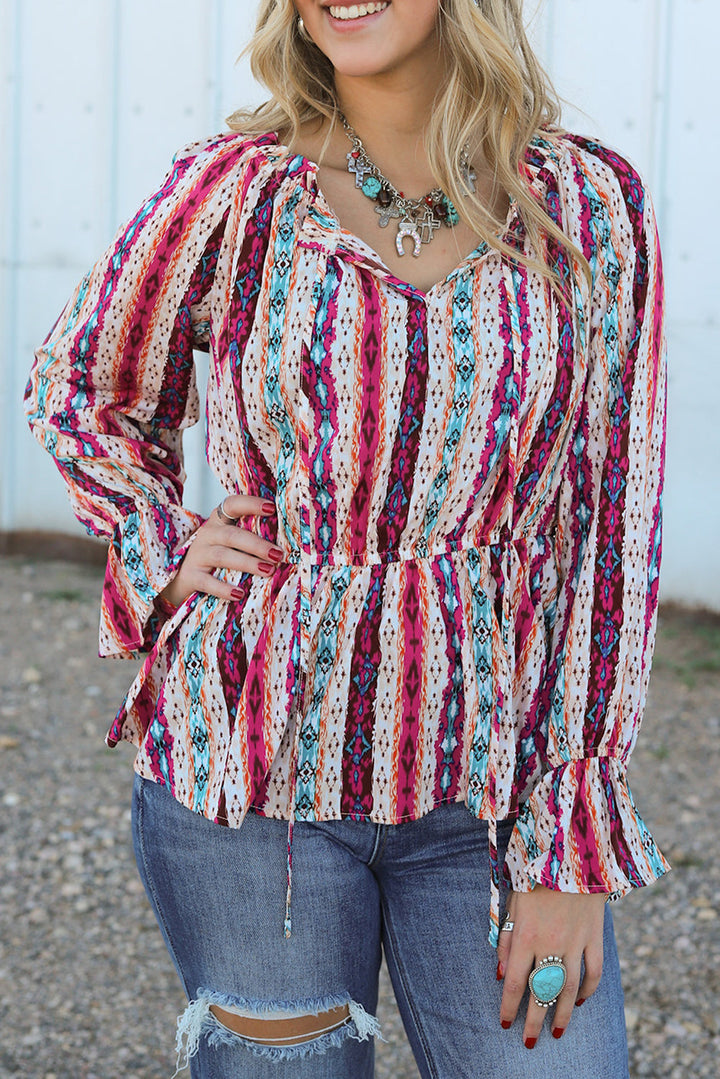 Western Aztec Split Neck Peplum Blouse