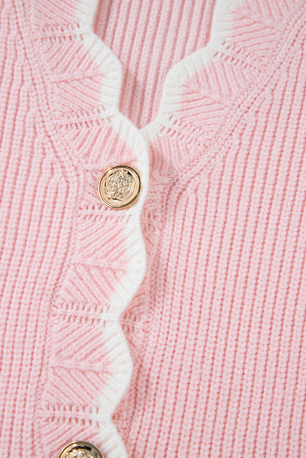 Ribbed Knit Scalloped Edge Side Pockets Buttoned Cardigan