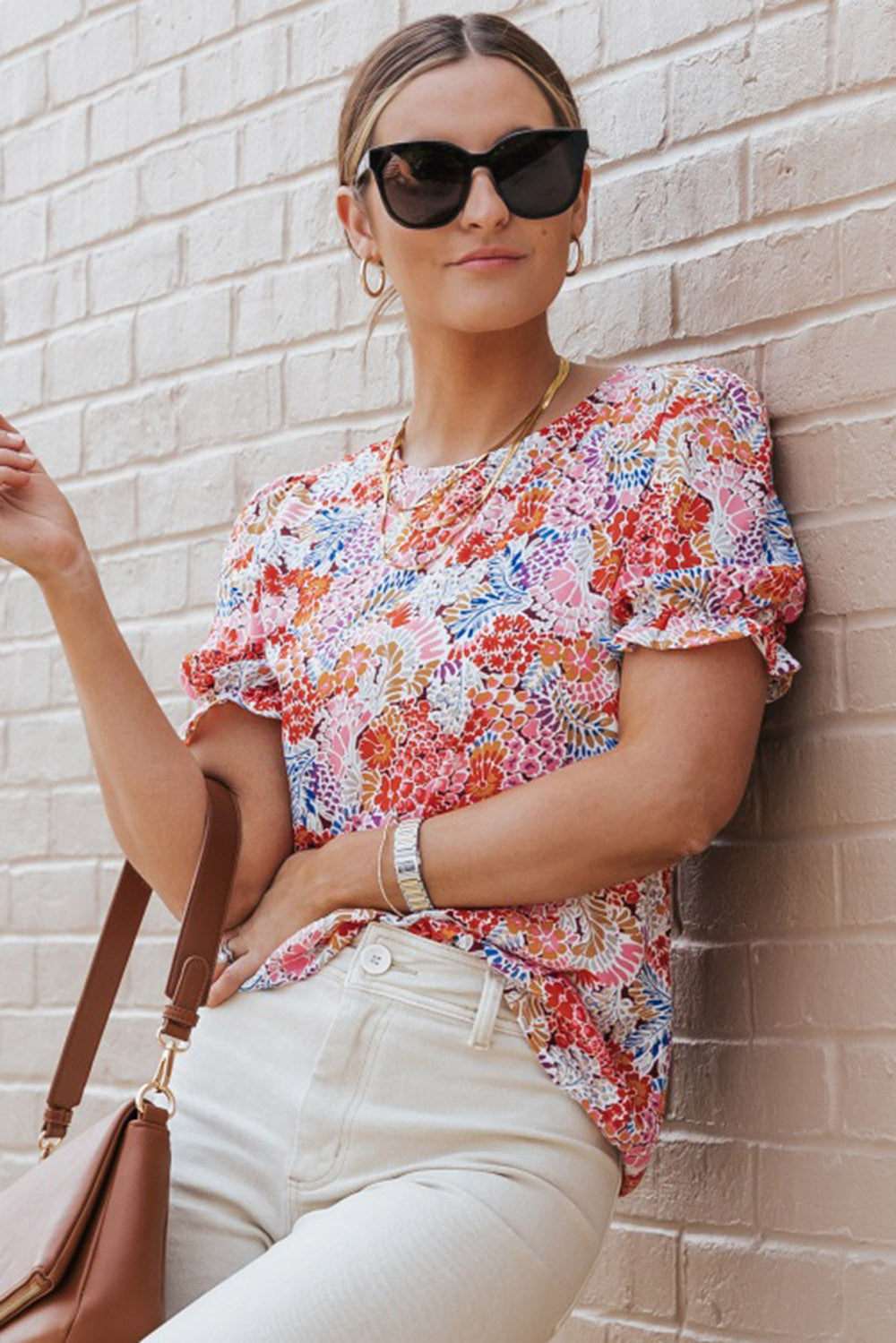 Mix Floral Pattern Bubble Sleeve Blouse