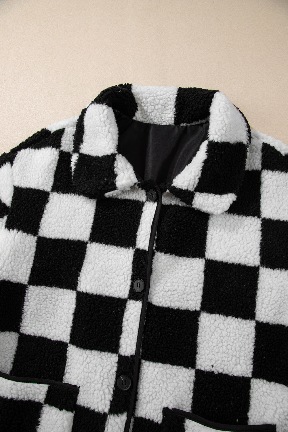 Checkered Side Pockets Collared Buttoned Fleece Jacket