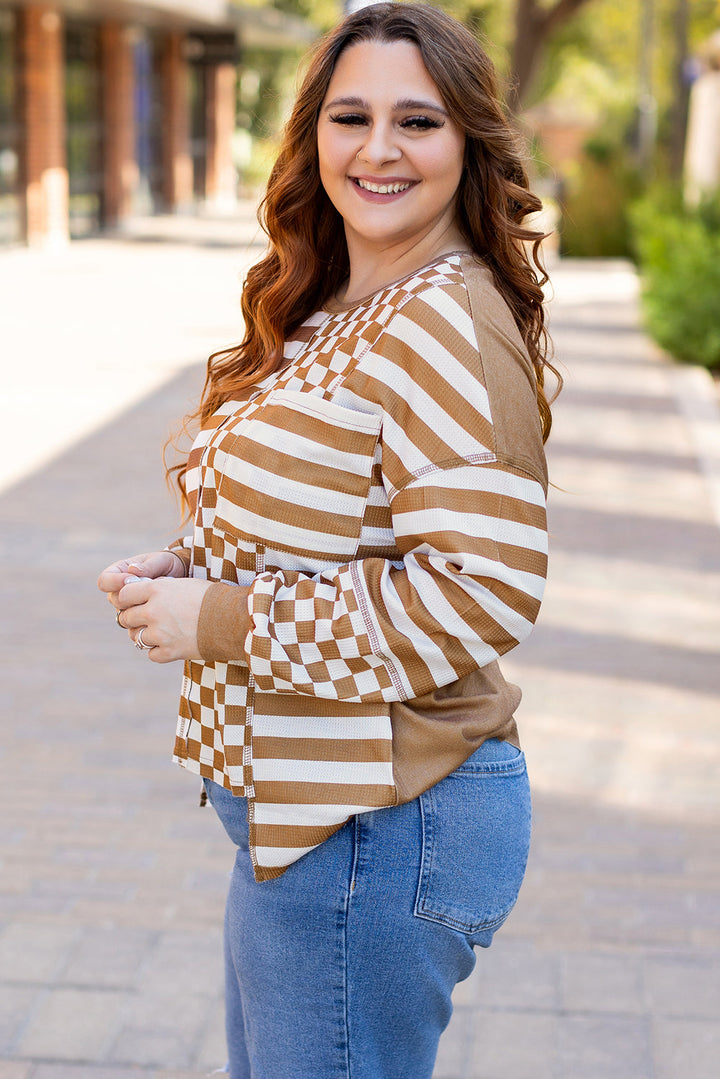 Striped Checkered Mixed Print Chest Pocket Casual Plus Size Top