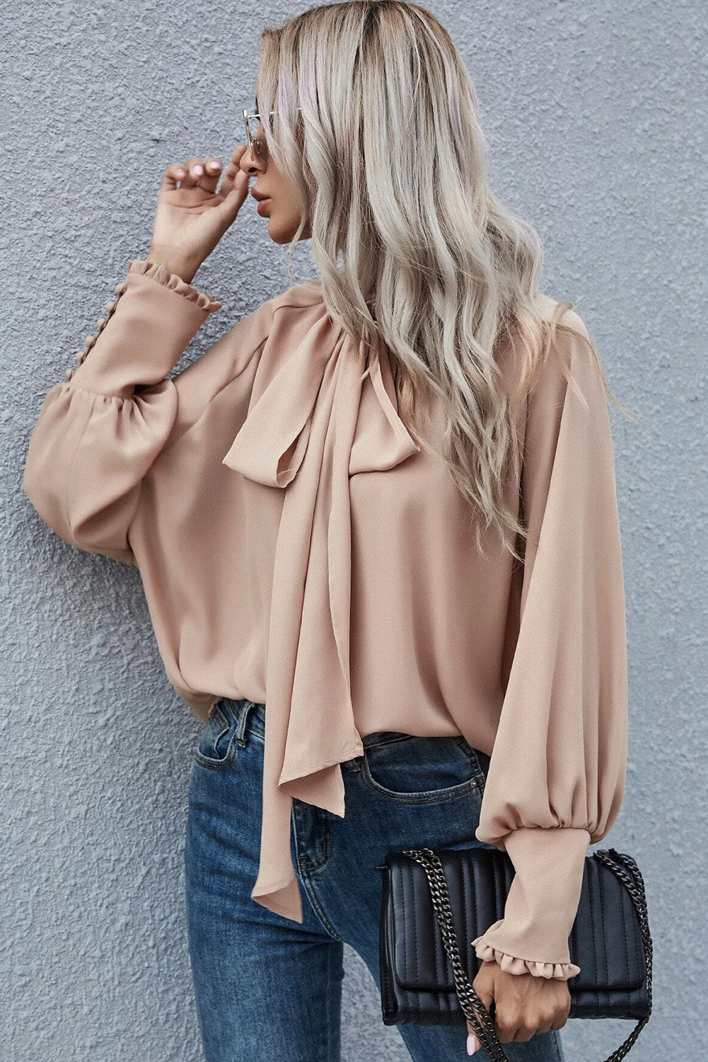 Frilled Knotted Mock Neck Bishop Sleeve Blouse