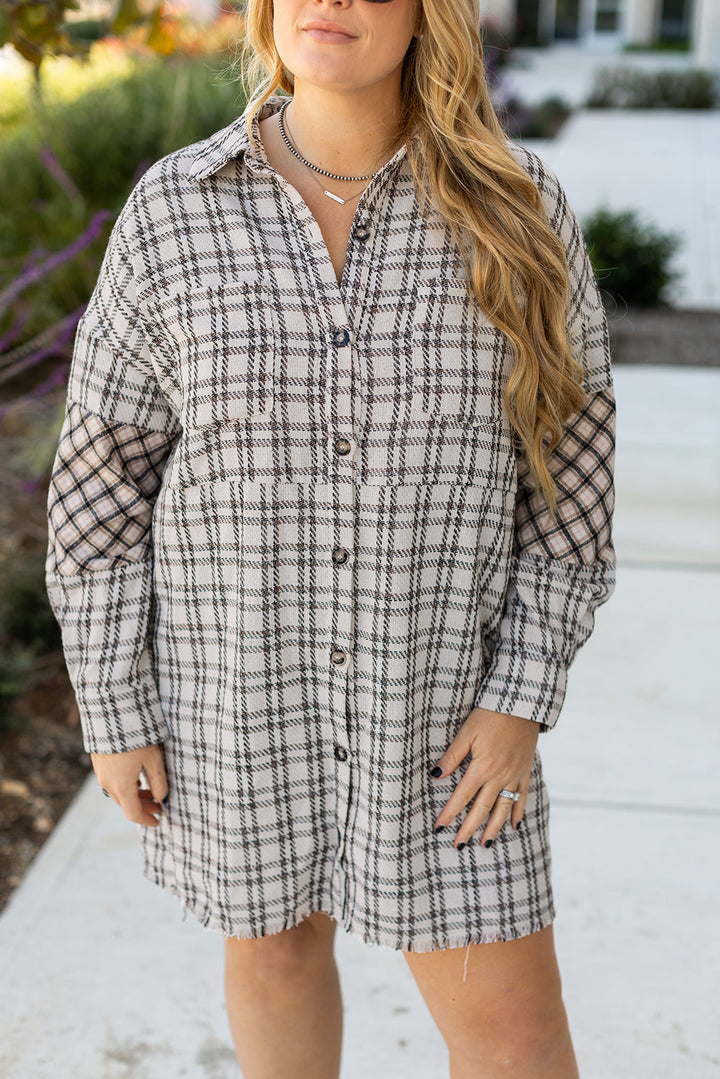 Plus Size Plaid Buttoned Raw Hem Tunic Shirt Dress