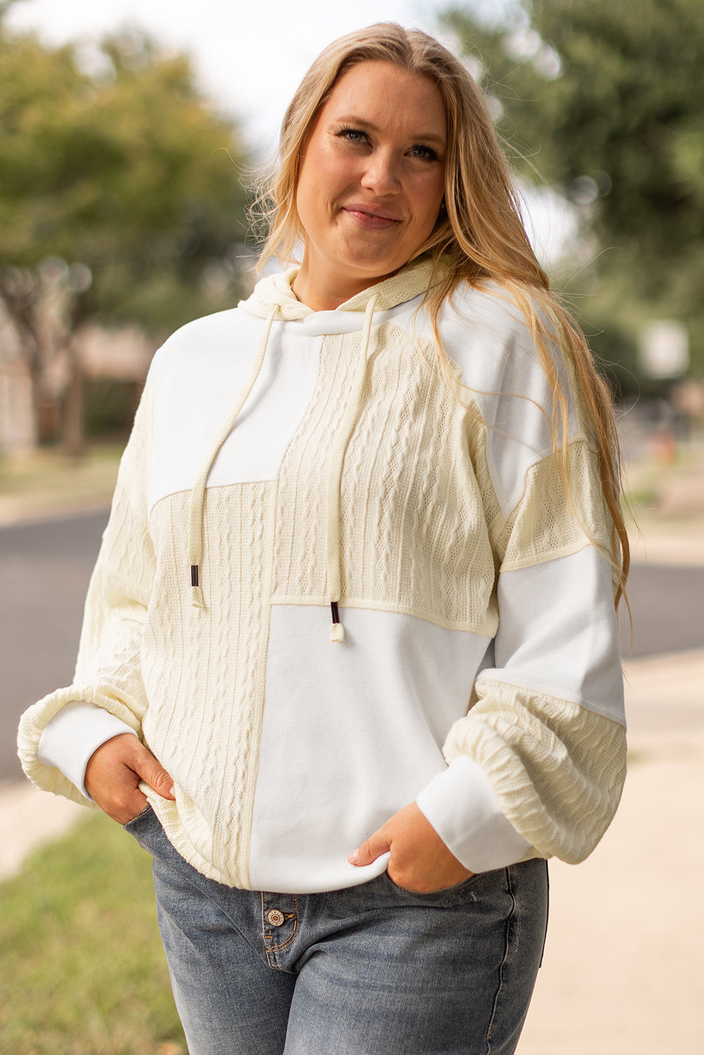 Textured Patchwork Exposed Seam Plus Size Hoodie