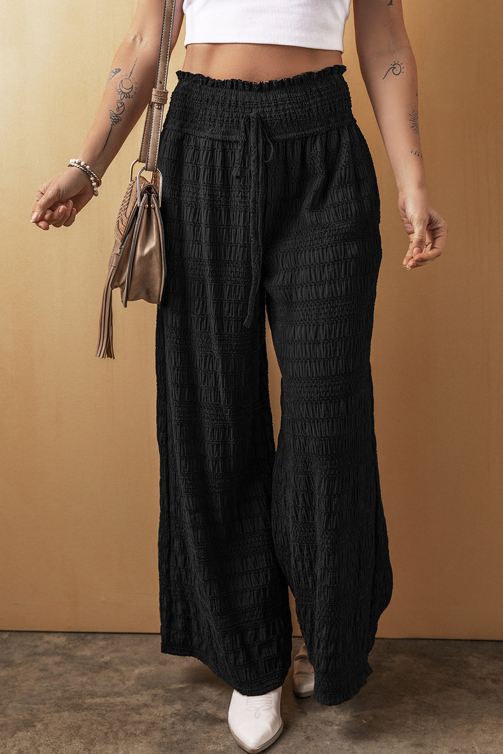 Textured Wide Smocked Waist Loose Pants