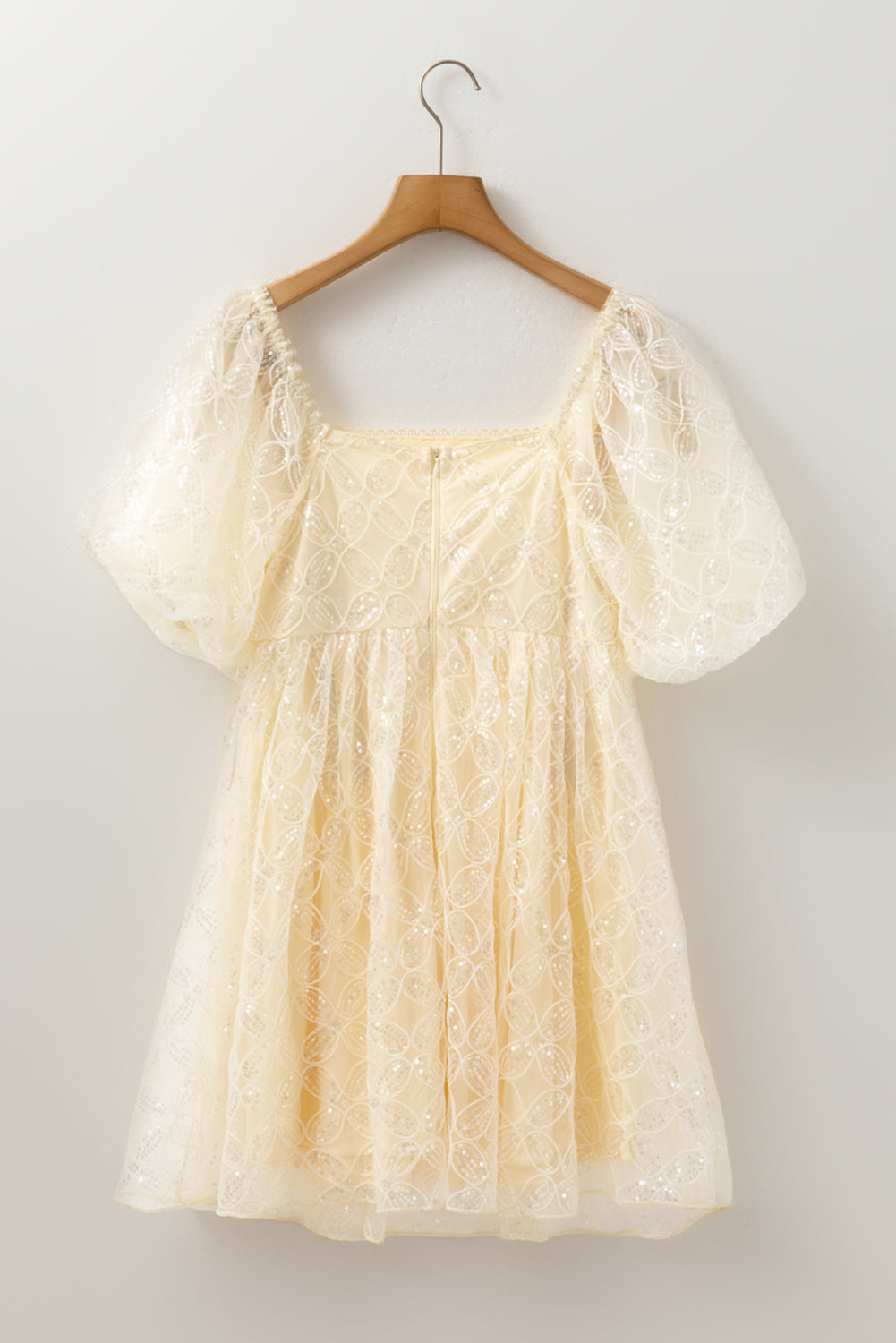 Sequined Lace Mesh Bubble Sleeve Square Neck Dress