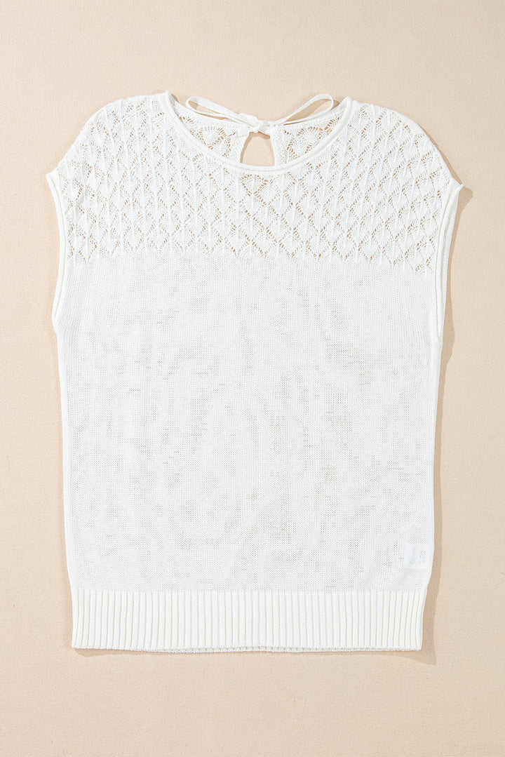 Eyelet Knit Tied Back Short Sleeve Sweater