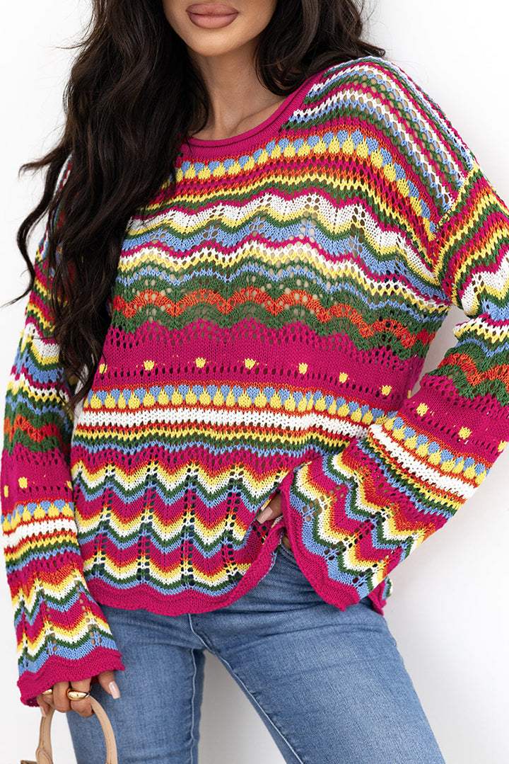 Colorblock Striped Hollowed Knit Loose Sleeve Sweater