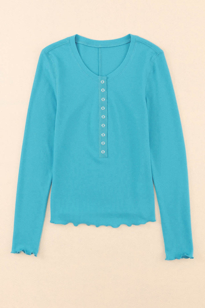 Waffle Knit Long Sleeve Buttoned Henley Top