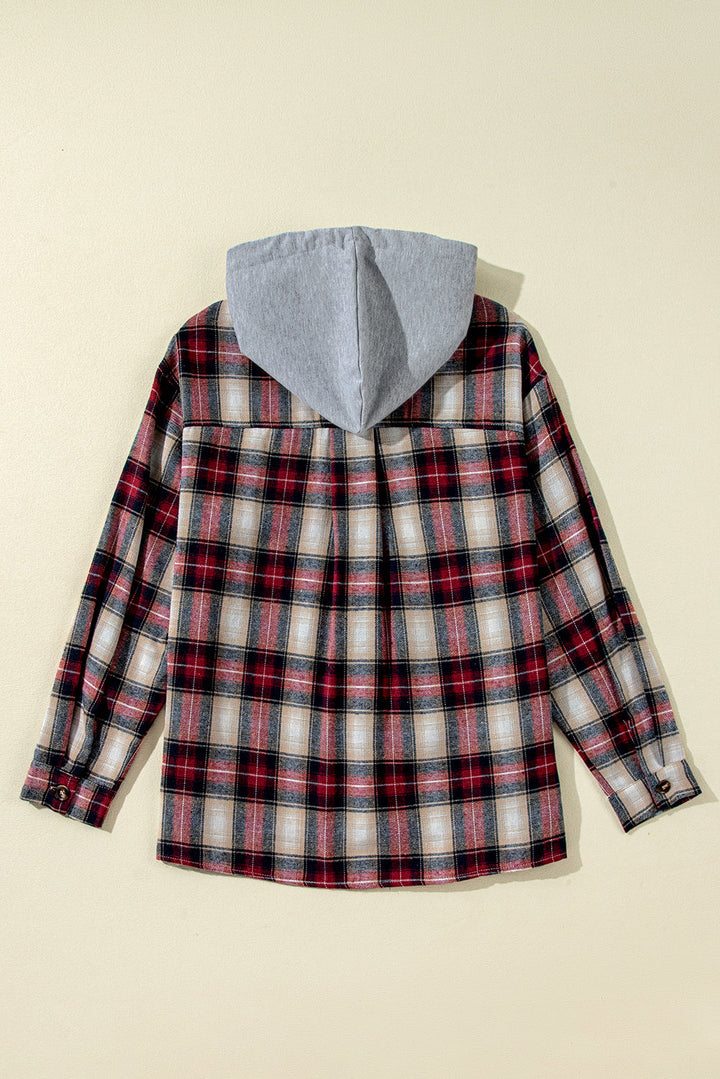 Plaid Print Chest Pocket Buttoned Hooded Shacket