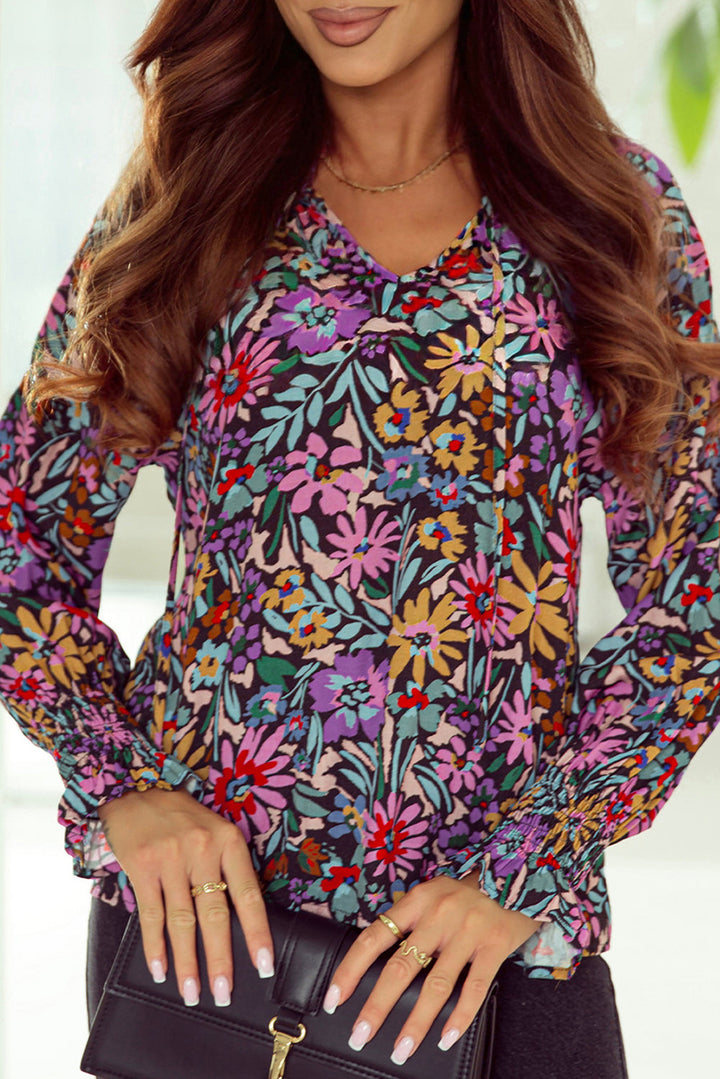 Floral Print Ruffled Long Sleeve V-Neck Blouse