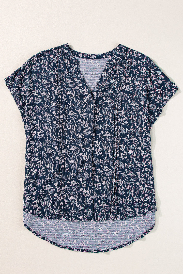 Abstract Print Buttoned V Neck Short Sleeve Blouse