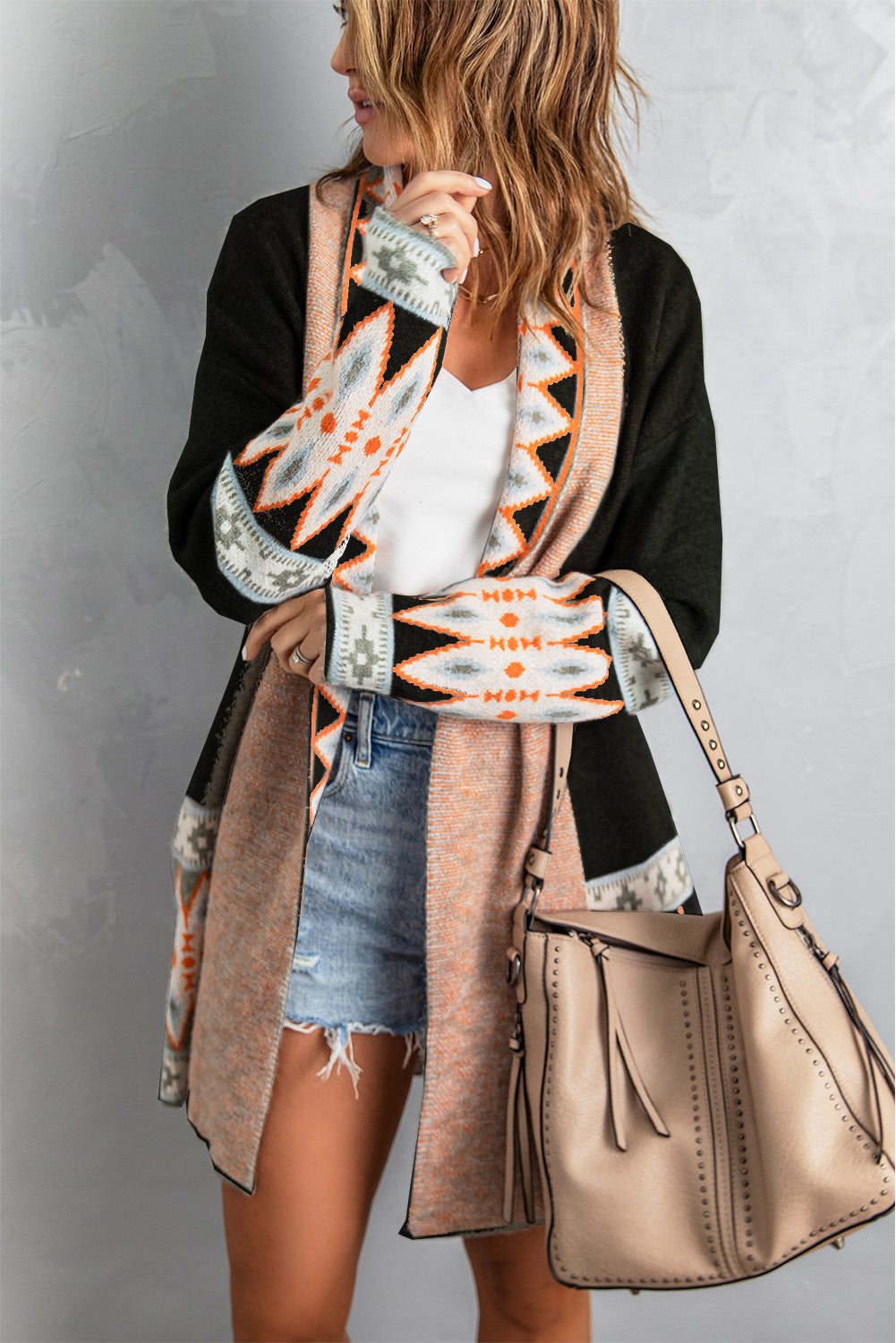 Aztec Print Open Front Knitted Cardigan