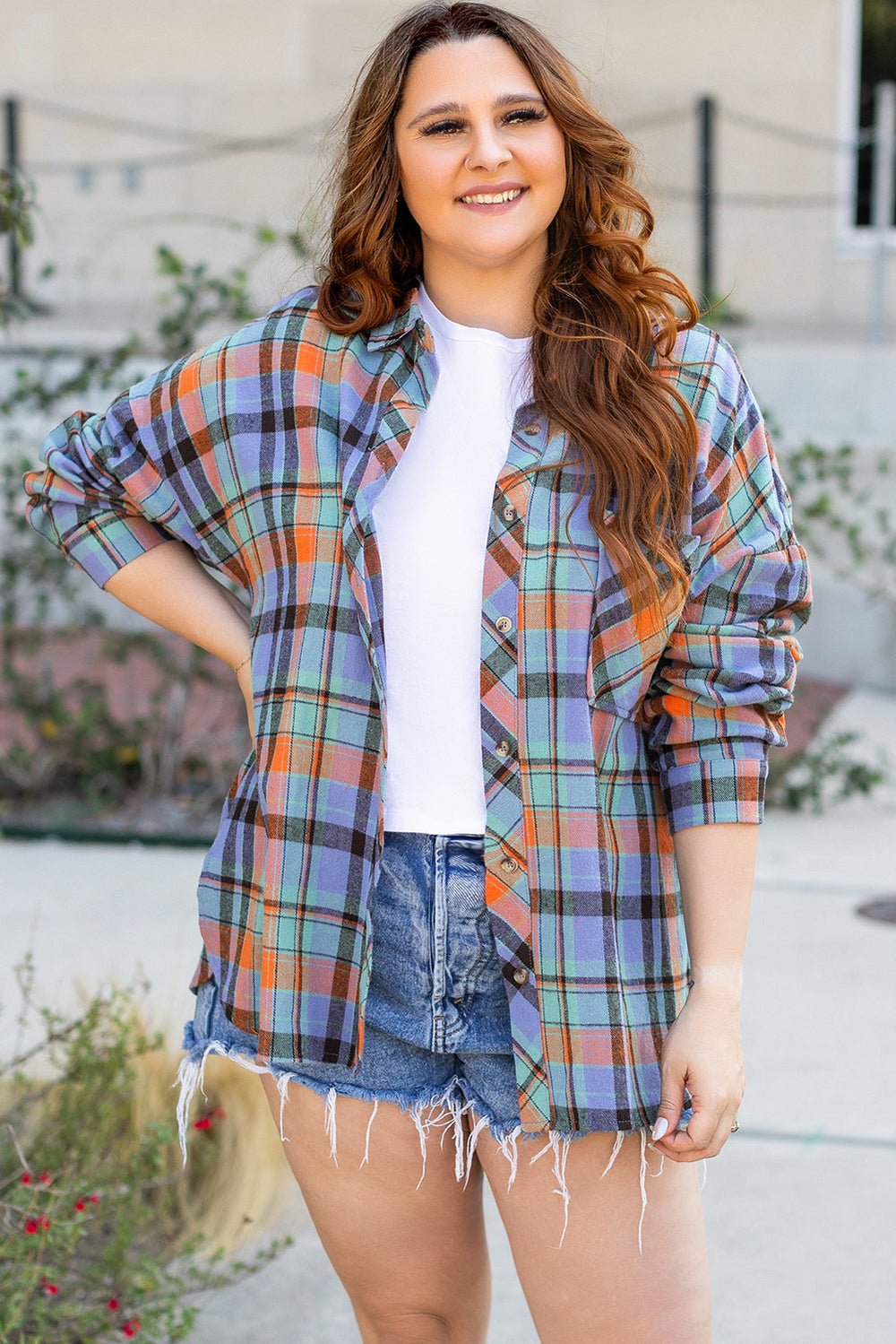 Plus Size Plaid Print Buttoned Shirt