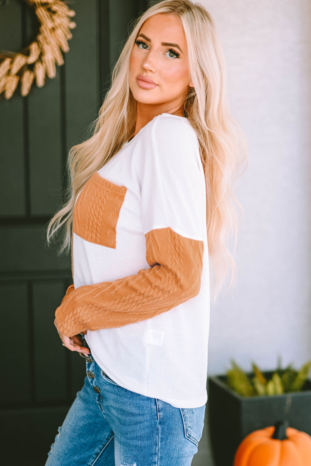 Long Sleeve Colorblock Chest Pocket Textured Knit Top