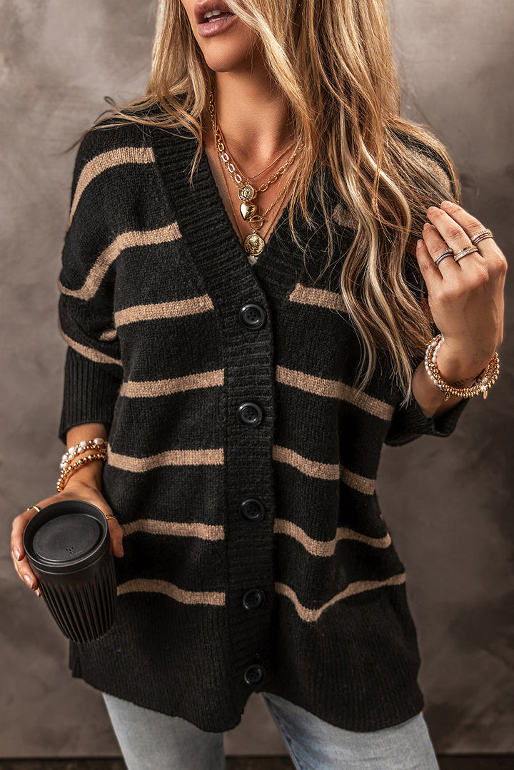 Buttoned V Neck Drop Shoulder Loose Cardigan