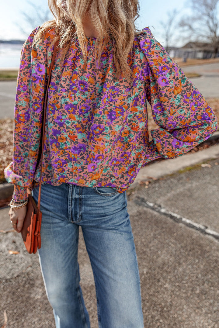 Floral Allover Print Shirred Cuff Frilled O Neck Blouse