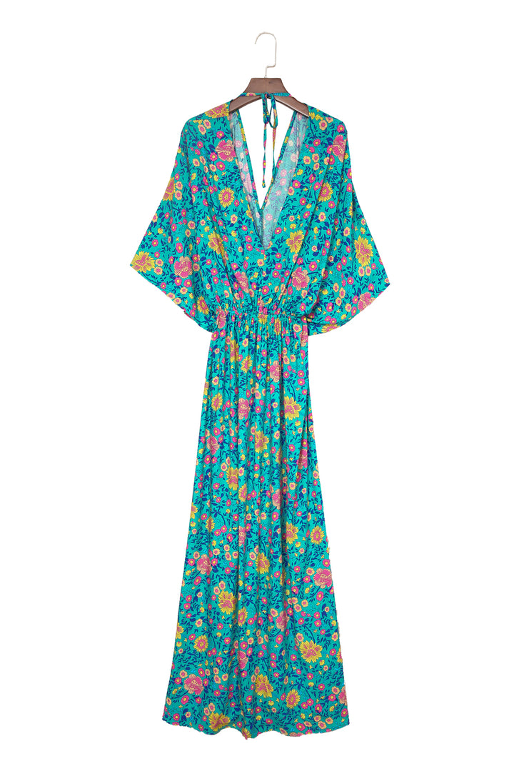 Green Boho Deep V Neck Floral Maxi Dress