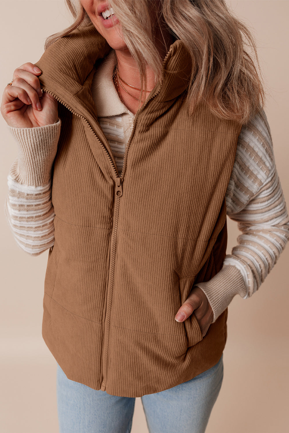 Corduroy Stand Neck Zipped Puffer Vest