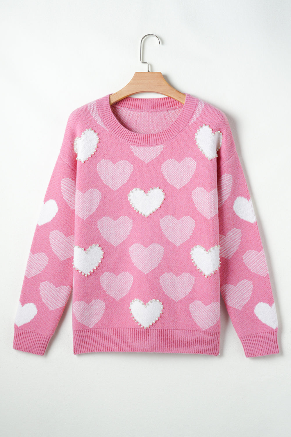 Pearled Heart Print Valentines Crew Neck Sweater