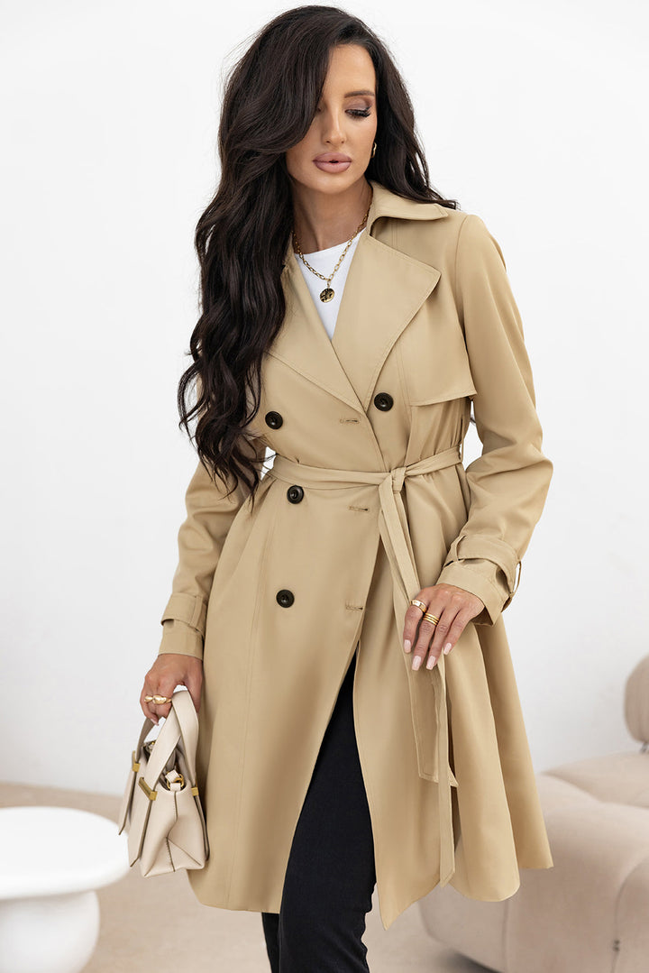 Solid Color Lapel Collar Waist Tie Wind Coat