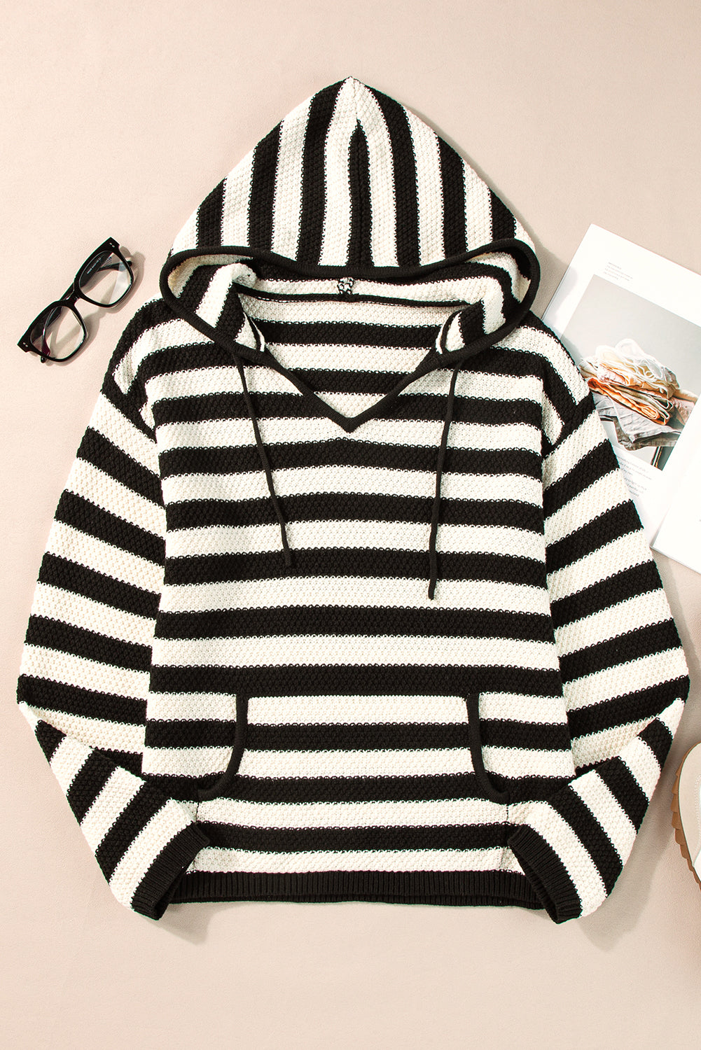 V Neck Pocketed Drawstring Hooded Sweater