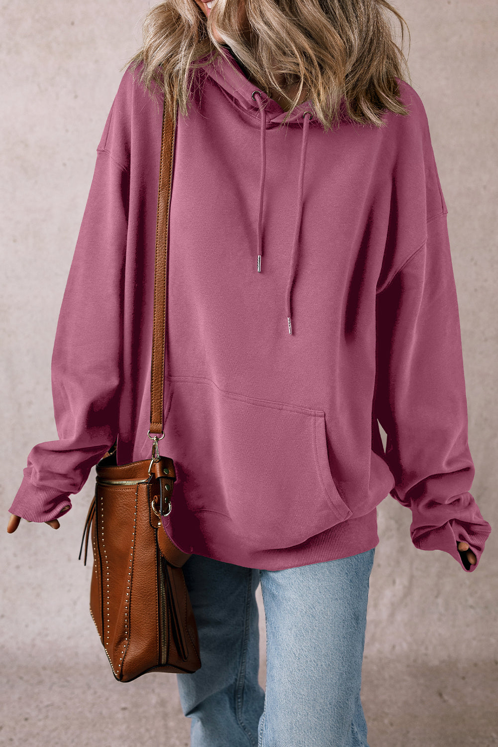 Solid Kangaroo Pocket Drawstring Loose Fit Hoodie