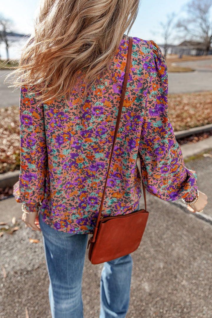 Floral Allover Print Shirred Cuff Frilled O Neck Blouse