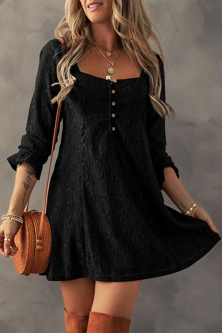 Lace Crochet Buttoned Square Neck Shift Mini Dress