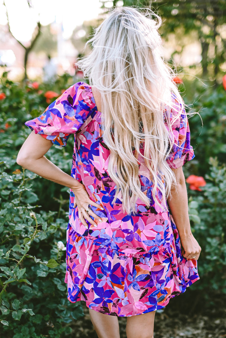 Purple Flower Print Short Puff Sleeve Ruffled Dress