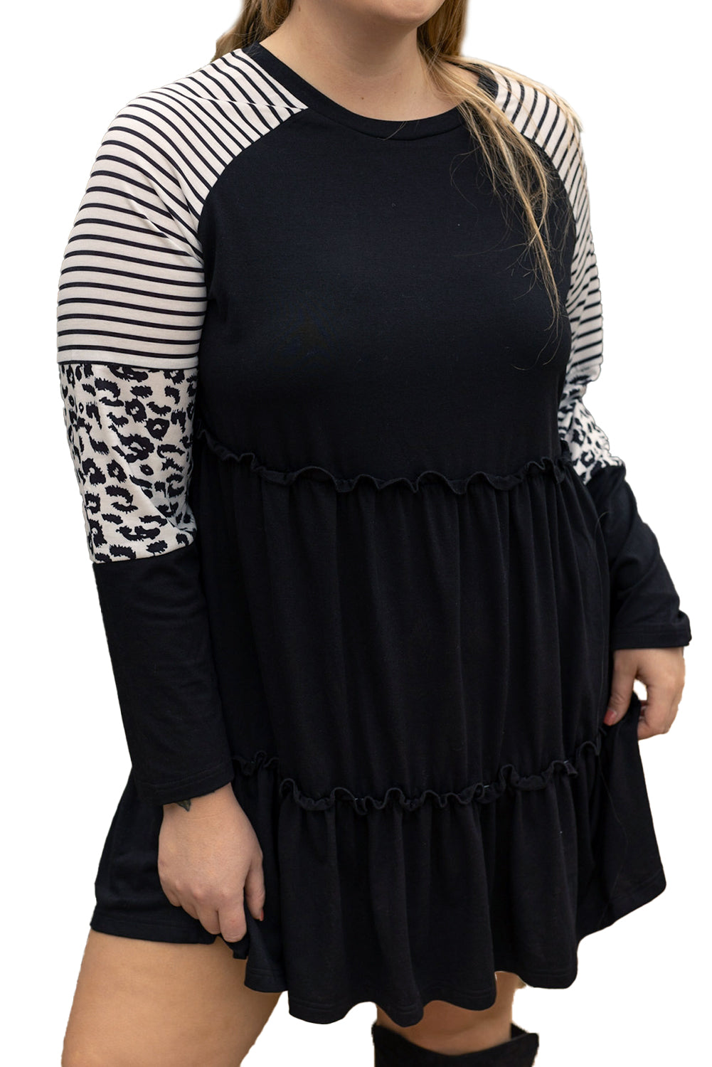 Plus Size Striped Leopard Patch Sleeve Ruffle Tiered Dress